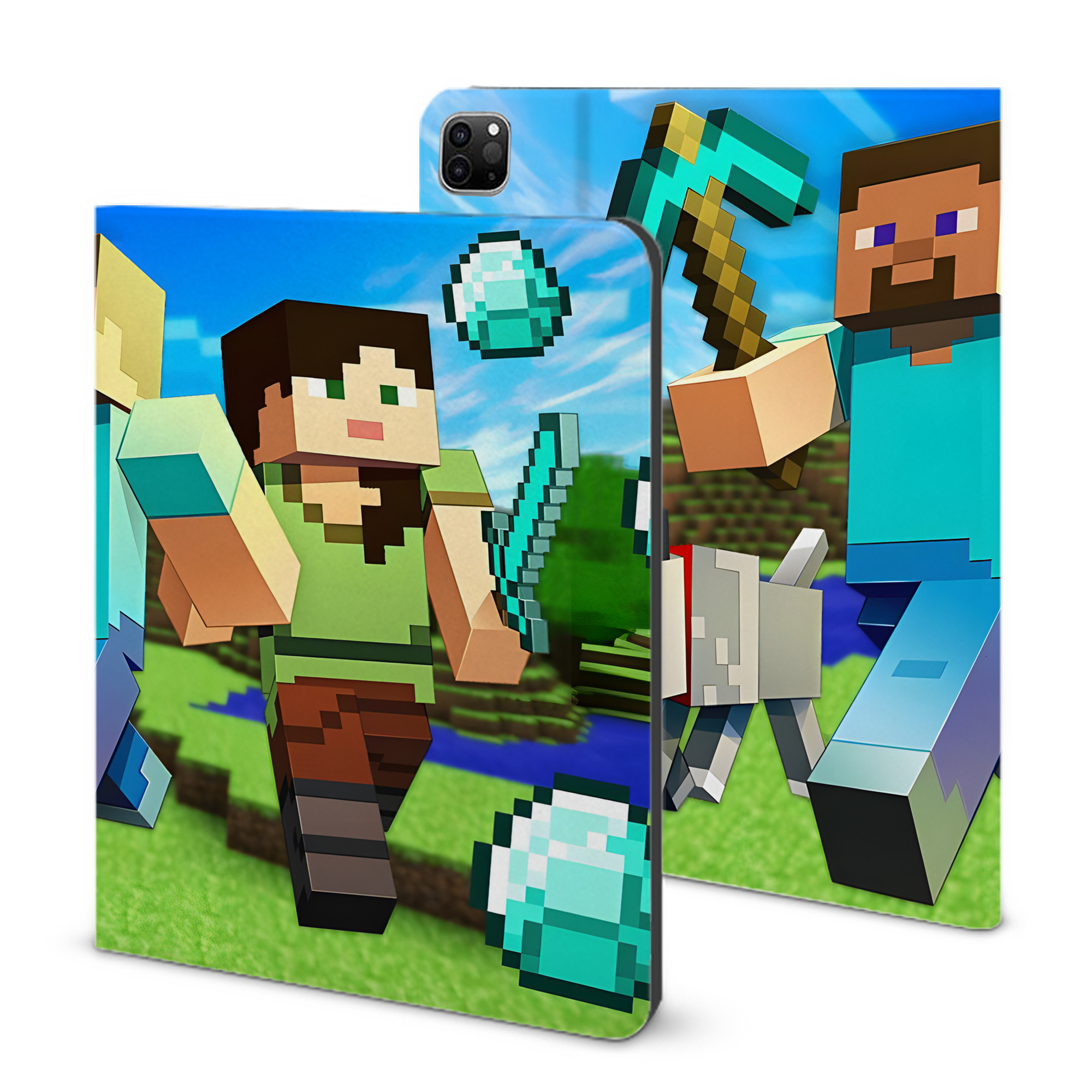 （画像用） マインクラフト ブロックの世界 Minecraft MC Block world IPad ケース ブック型 PUレザー TPU 耐衝撃 軽量 薄型 ペン収納なし 全面保護 IPad 各モデル対応